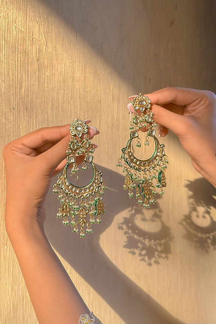 Gold Finish Green Kundan Polki Chandbali Earrings by Saga Jewels at Pernia's Pop Up Shop