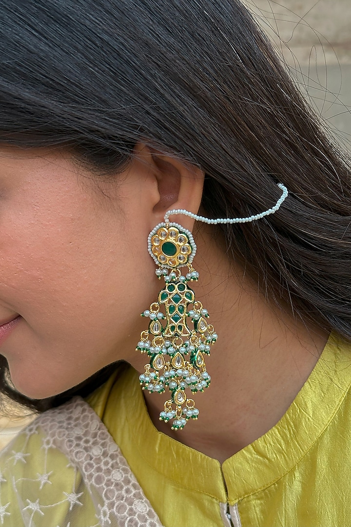 Gold Finish Kundan Polki & Green Beaded Chandbali Earrings by Saga Jewels at Pernia's Pop Up Shop