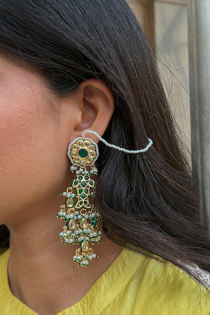 Gold Finish Kundan Polki & Green Beaded Chandbali Earrings by Saga Jewels at Pernia's Pop Up Shop