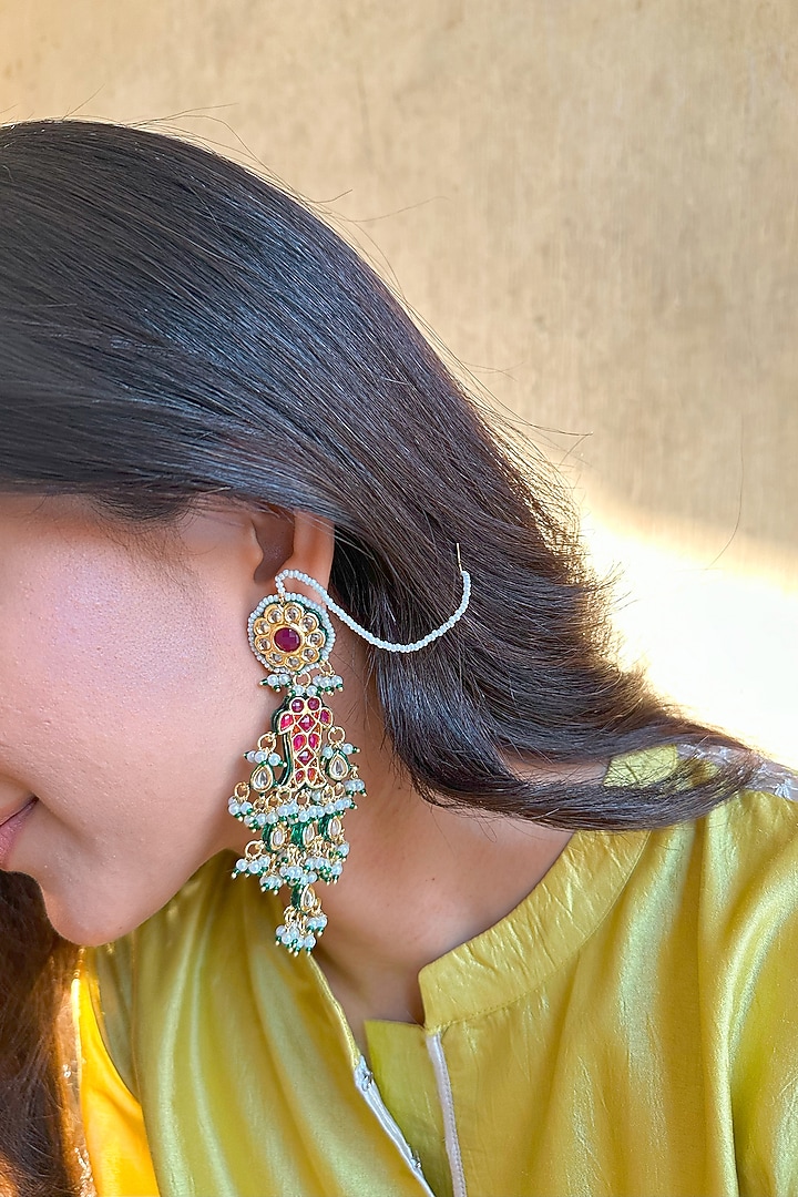 Gold Finish Kundan Polki & Red Beaded Chandbali Earrings by Saga Jewels at Pernia's Pop Up Shop
