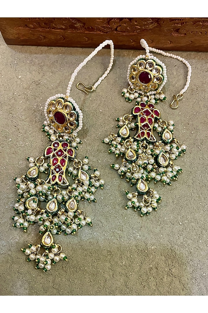 Gold Finish Kundan Polki & Red Beaded Chandbali Earrings by Saga Jewels at Pernia's Pop Up Shop