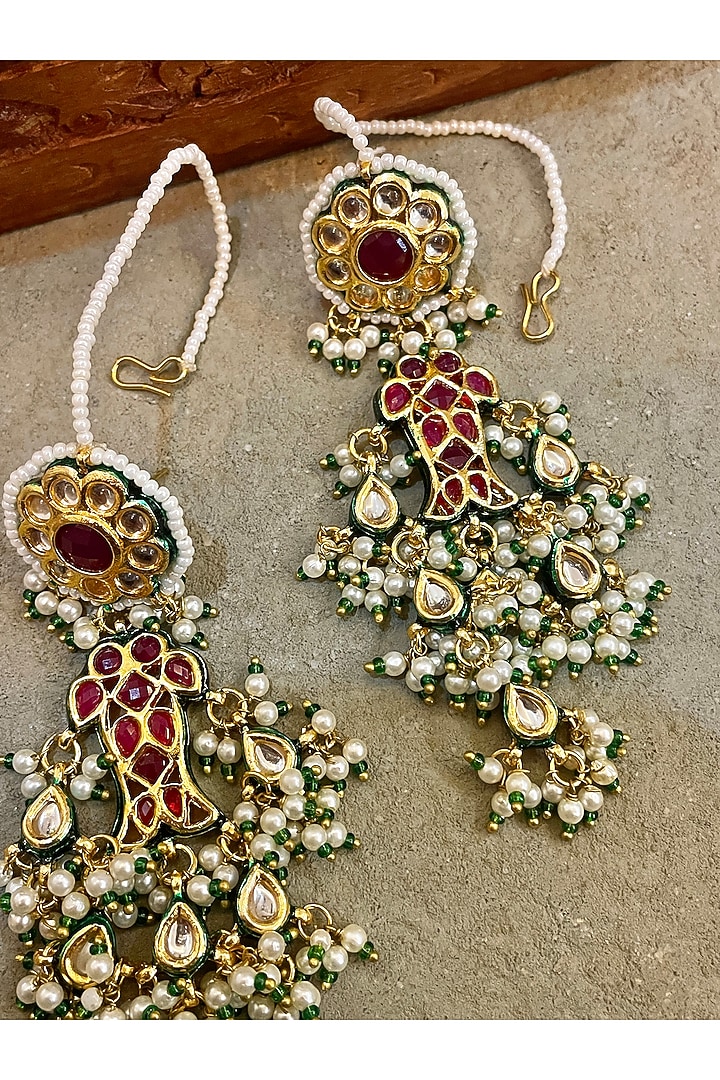 Gold Finish Kundan Polki & Red Beaded Chandbali Earrings by Saga Jewels at Pernia's Pop Up Shop