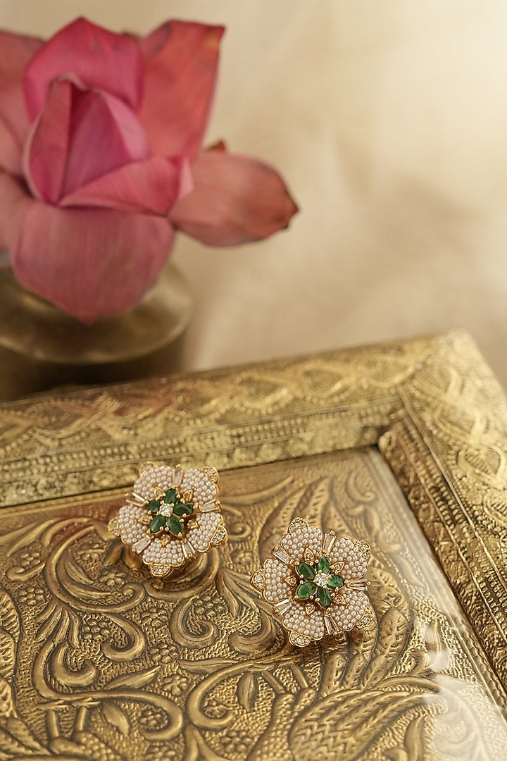 Gold Finish Green Kundan Polki Pearl Stud Earrings by Saga Jewels at Pernia's Pop Up Shop