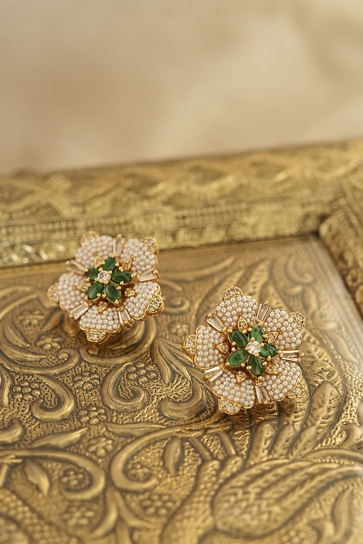 Gold Finish Green Kundan Polki Pearl Stud Earrings by Saga Jewels at Pernia's Pop Up Shop