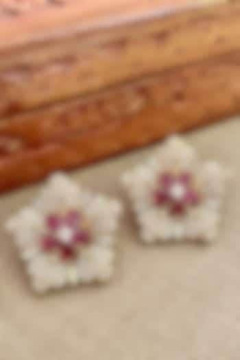 Gold Finish Red Kundan Polki Pearl Stud Earrings by Saga Jewels at Pernia's Pop Up Shop