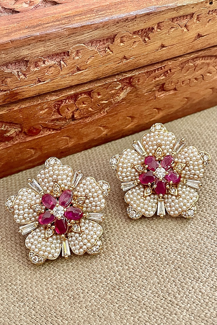 Gold Finish Red Kundan Polki Pearl Stud Earrings by Saga Jewels at Pernia's Pop Up Shop