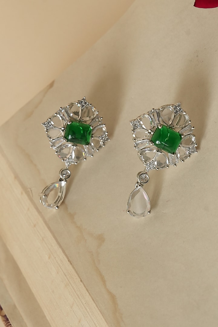 White Finish Green Kundan Polki & Crystal Stud Earrings by Saga Jewels at Pernia's Pop Up Shop