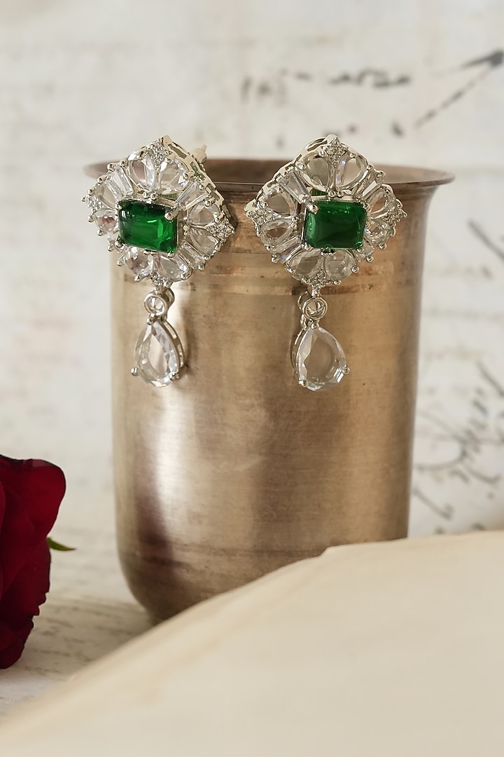White Finish Green Kundan Polki & Crystal Stud Earrings by Saga Jewels at Pernia's Pop Up Shop