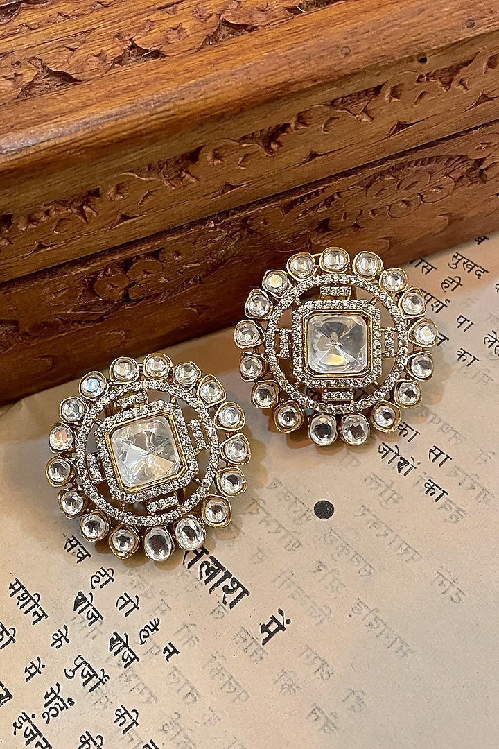 Gold Finish Kundan Polki Stud Earrings by Saga Jewels at Pernia's Pop Up Shop