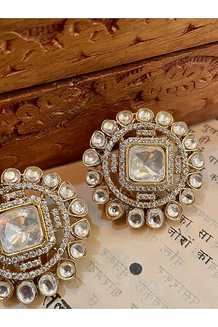 Gold Finish Kundan Polki Stud Earrings by Saga Jewels at Pernia's Pop Up Shop