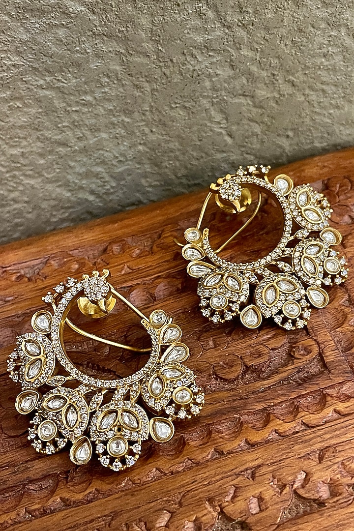 Gold Finish Kundan Polki Hoop Earrings by Saga Jewels at Pernia's Pop Up Shop