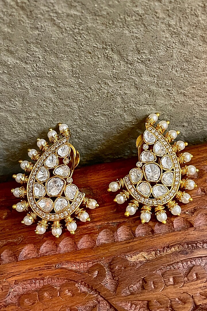 Gold Finish Kundan Polki & Pearl Stud Earrings by Saga Jewels at Pernia's Pop Up Shop