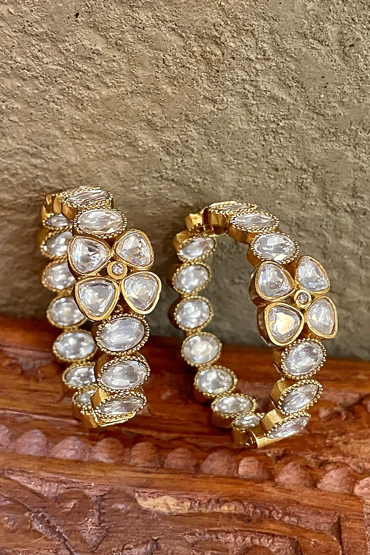Gold Finish Kundan Polki Hoop Earrings by Saga Jewels at Pernia's Pop Up Shop