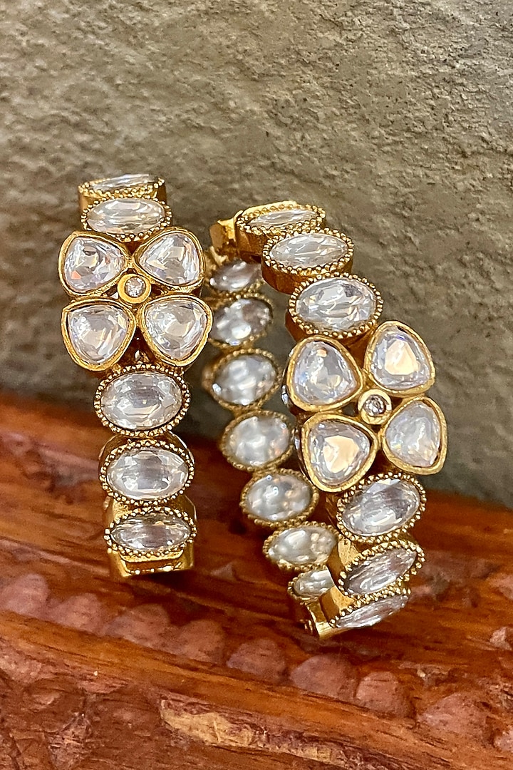 Gold Finish Kundan Polki Hoop Earrings by Saga Jewels at Pernia's Pop Up Shop