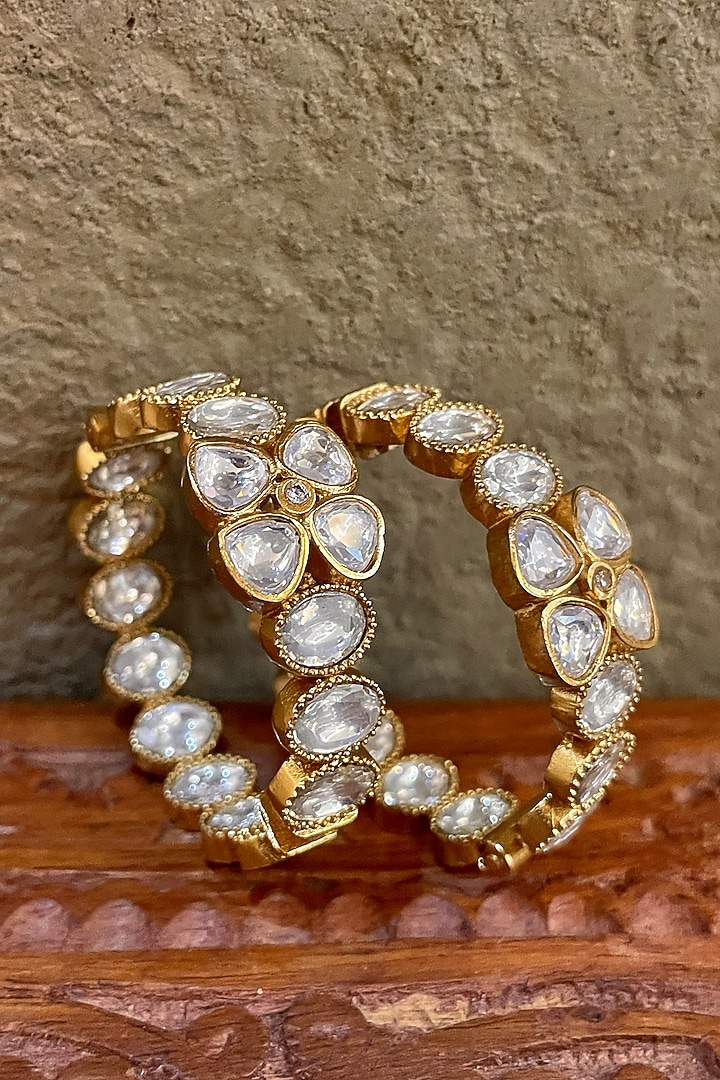 Gold Finish Kundan Polki Hoop Earrings by Saga Jewels at Pernia's Pop Up Shop