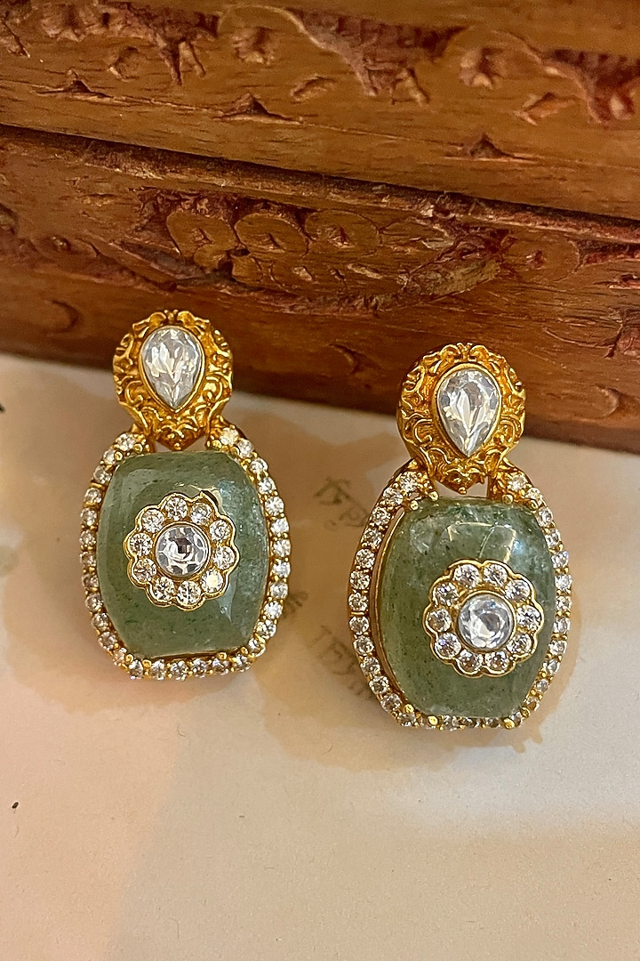 Gold Finish Kundan Polki & Pearl Stud Earrings by Saga Jewels at Pernia's Pop Up Shop