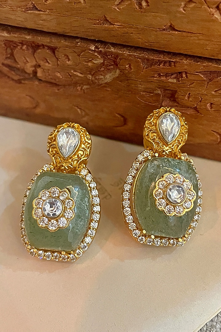 Gold Finish Kundan Polki & Pearl Stud Earrings by Saga Jewels at Pernia's Pop Up Shop