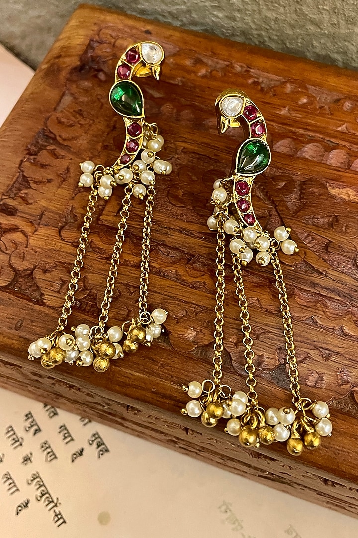 Gold Finish Peacock Motif Chain Dangler Earrings by Saga Jewels at Pernia's Pop Up Shop