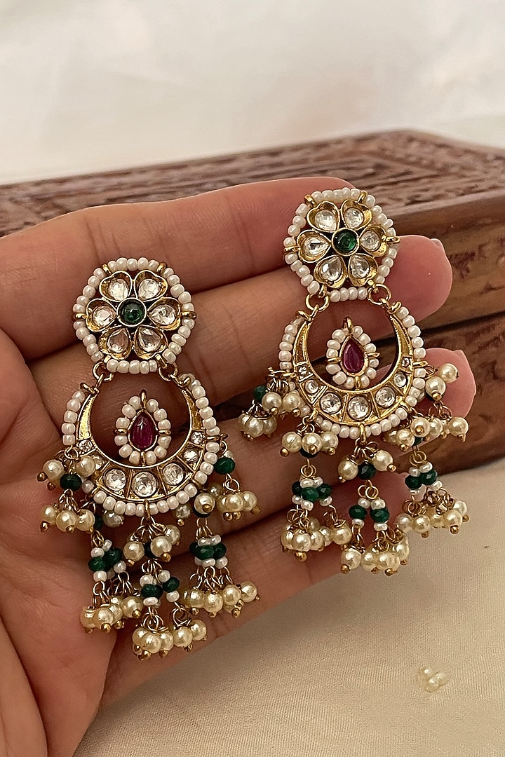 Gold Finish Multi-Colored Kundan Polki Chandbali Earrings by Saga Jewels at Pernia's Pop Up Shop