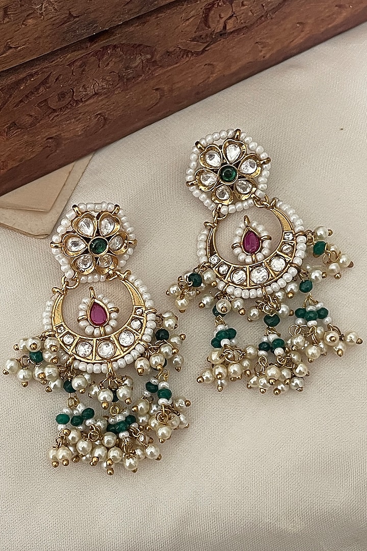 Gold Finish Multi-Colored Kundan Polki Chandbali Earrings by Saga Jewels at Pernia's Pop Up Shop
