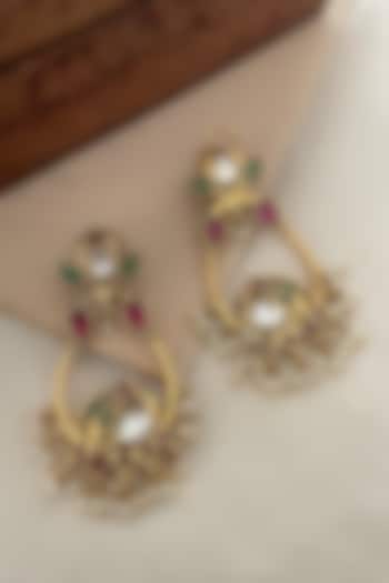 Gold Finish Kundan Polki & Bird Motif Dangler Earrings by Saga Jewels at Pernia's Pop Up Shop