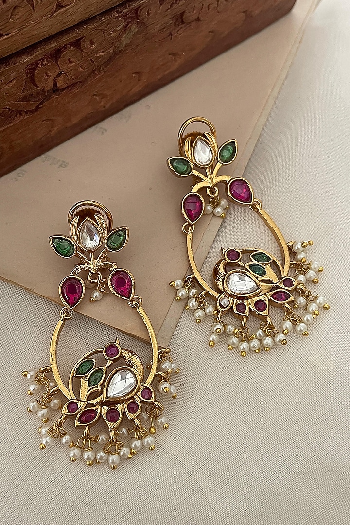 Gold Finish Kundan Polki & Bird Motif Dangler Earrings by Saga Jewels at Pernia's Pop Up Shop