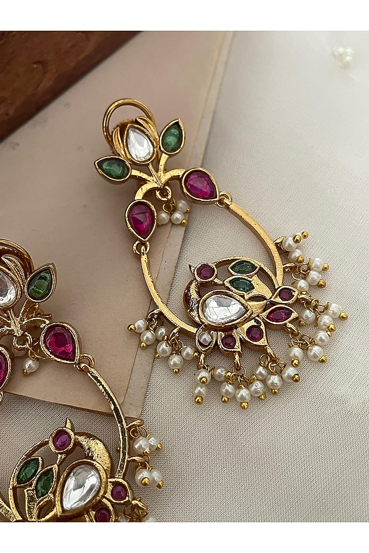 Gold Finish Kundan Polki & Bird Motif Dangler Earrings by Saga Jewels at Pernia's Pop Up Shop