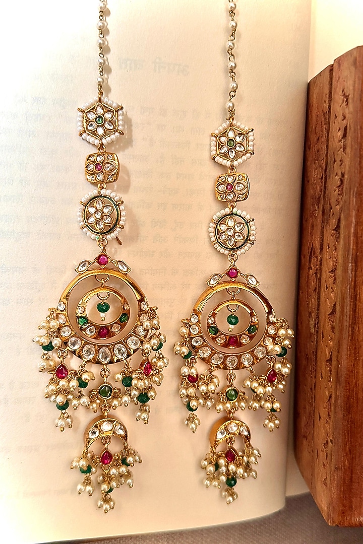 Gold Finish Multi-Colored Kundan Polki Chandbali Earrings by Saga Jewels at Pernia's Pop Up Shop