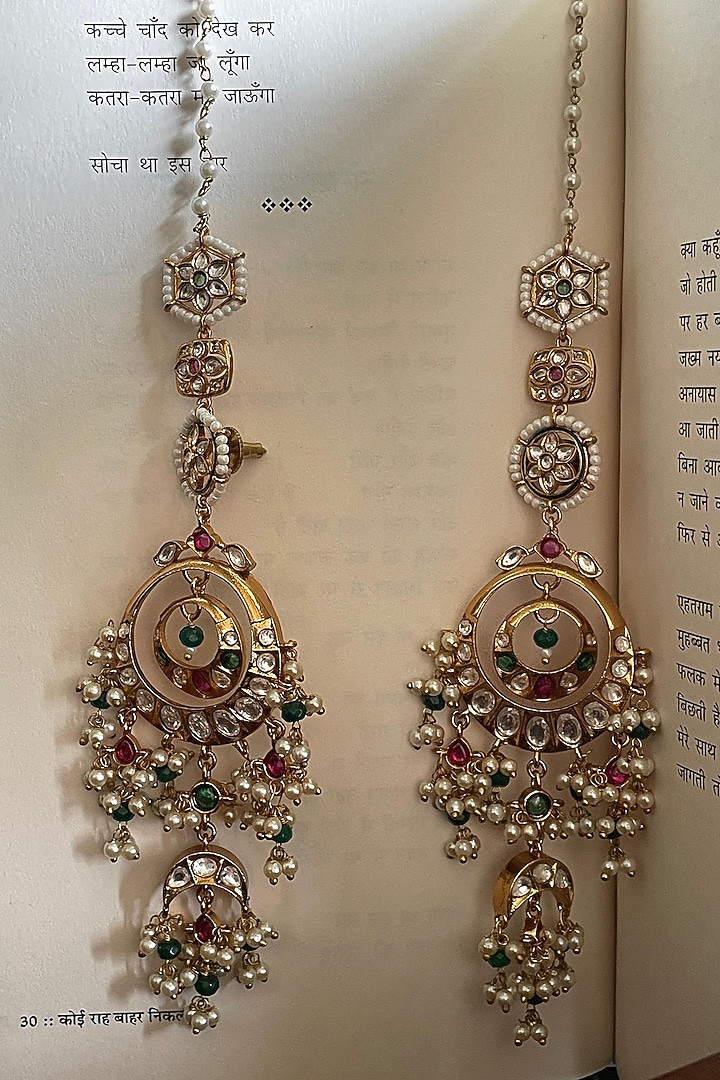 Gold Finish Multi-Colored Kundan Polki Chandbali Earrings by Saga Jewels at Pernia's Pop Up Shop