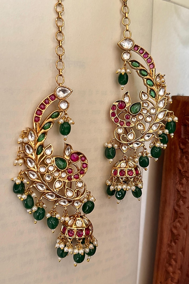 Gold Finish Multi-Colored Stone & Kundan Polki Earcuffs by Saga Jewels at Pernia's Pop Up Shop