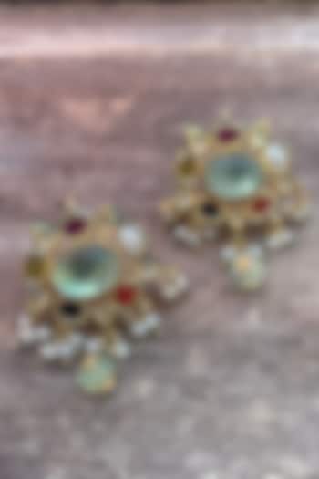 Gold Finish Kundan Polki & Navratna Stone Stud Earrings by Saga Jewels at Pernia's Pop Up Shop