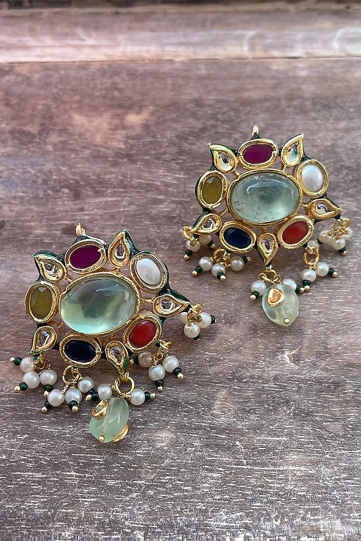 Gold Finish Kundan Polki & Navratna Stone Stud Earrings by Saga Jewels at Pernia's Pop Up Shop