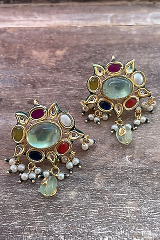 Gold Finish Kundan Polki & Navratna Stone Stud Earrings by Saga Jewels