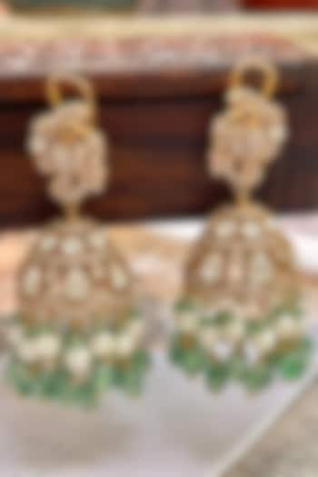 Gold Finish Kundan Polki & Green Beaded Jhumka Earrings by Saga Jewels at Pernia's Pop Up Shop