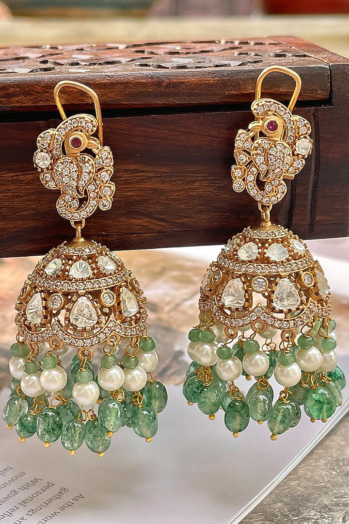 Gold Finish Kundan Polki & Green Beaded Jhumka Earrings by Saga Jewels at Pernia's Pop Up Shop