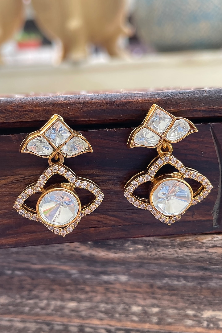 Gold Finish Kundan Polki Dangler Earrings by Saga Jewels at Pernia's Pop Up Shop