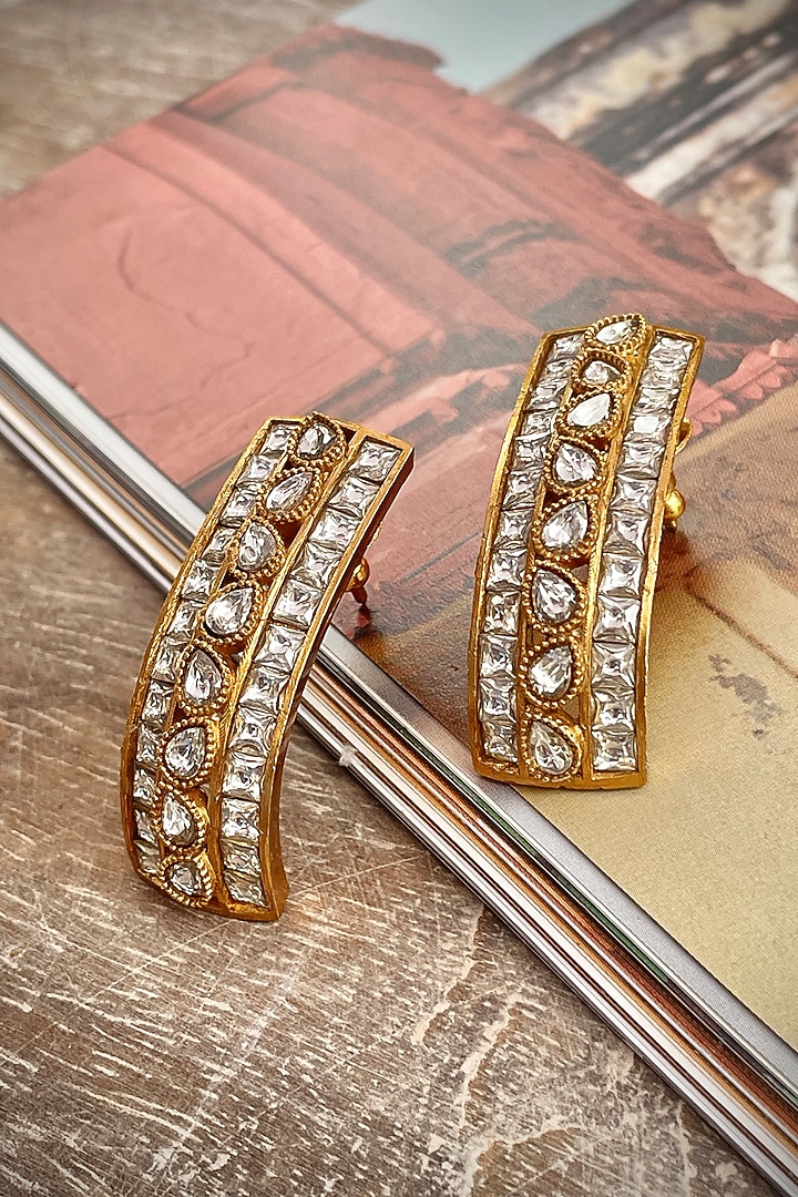 Gold Finish Kundan Polki Hoop Earrings by Saga Jewels at Pernia's Pop Up Shop