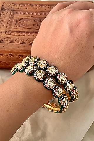 Gold Finish Kundan Polki Meenakari Bangles (Set Of 2) by Saga Jewels