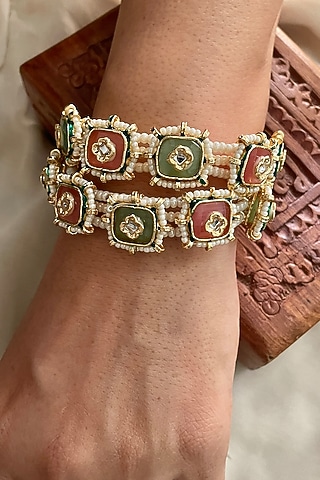 Gold Finish Pastel Stone Bangles (Set Of 2) by Saga Jewels