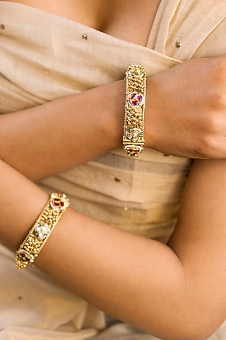 Gold Finish Kundan Polki & Ghungroo Temple Bangles (Set Of 2) by Saga Jewels