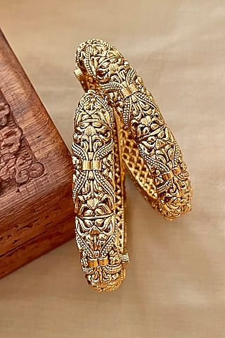 Gold Finish Temple Bangles (Set Of 2) by Saga Jewels