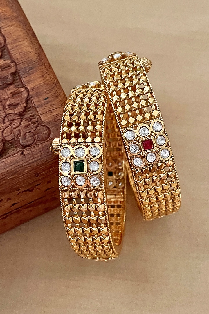 Gold Finish Meshwork Bangles (Set Of 2) by Saga Jewels at Pernia's Pop Up Shop