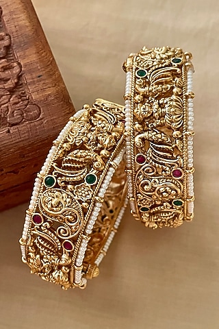 Gold Finish Temple Motif Bangles (Set Of 2) by Saga Jewels