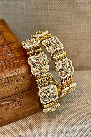 Gold Finish Temple Meshwork Bangles (Set Of 2) by Saga Jewels