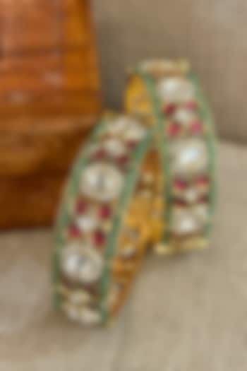 Gold Finish Green Beaded Bangles (Set Of 2) by Saga Jewels at Pernia's Pop Up Shop