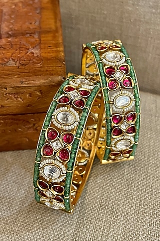 Gold Finish Green Beaded Bangles (Set Of 2) by Saga Jewels