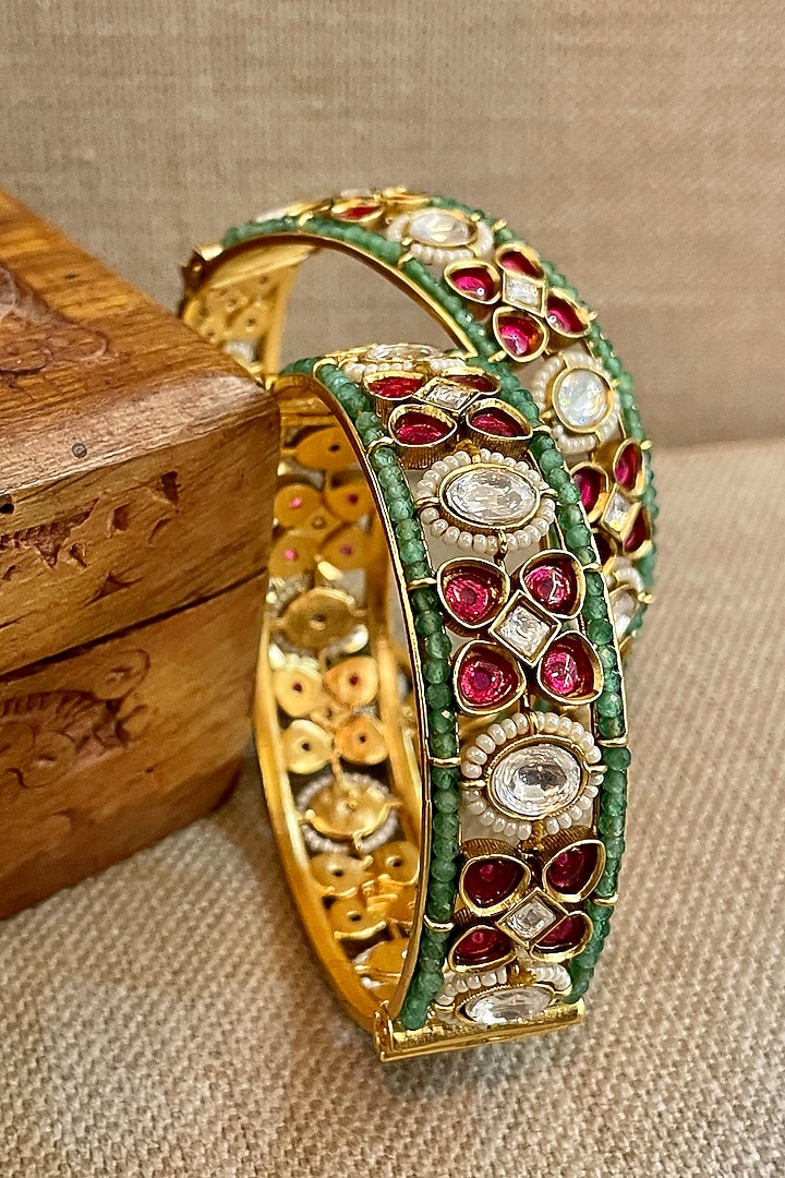 Gold Finish Green Beaded Bangles (Set Of 2) by Saga Jewels at Pernia's Pop Up Shop