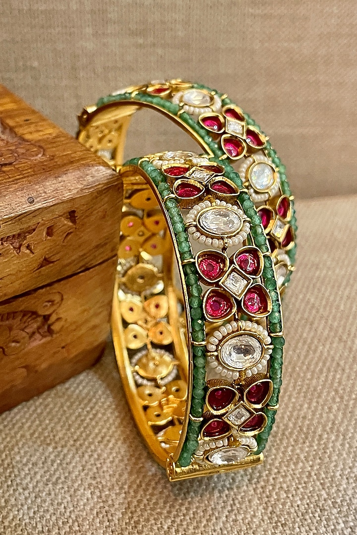 Gold Finish Multi-Colored Stone Bangles (Set Of 2) by Saga Jewels at Pernia's Pop Up Shop
