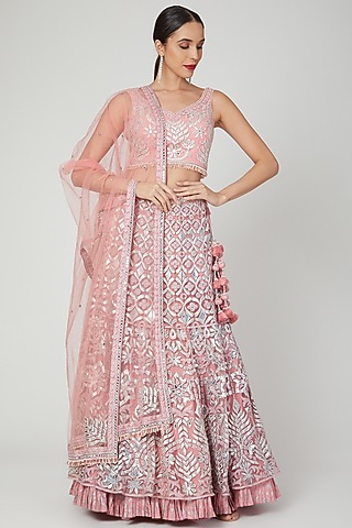 Blush Pink Appliques Embroidered Lehenga Set by Shilpi Ahuja