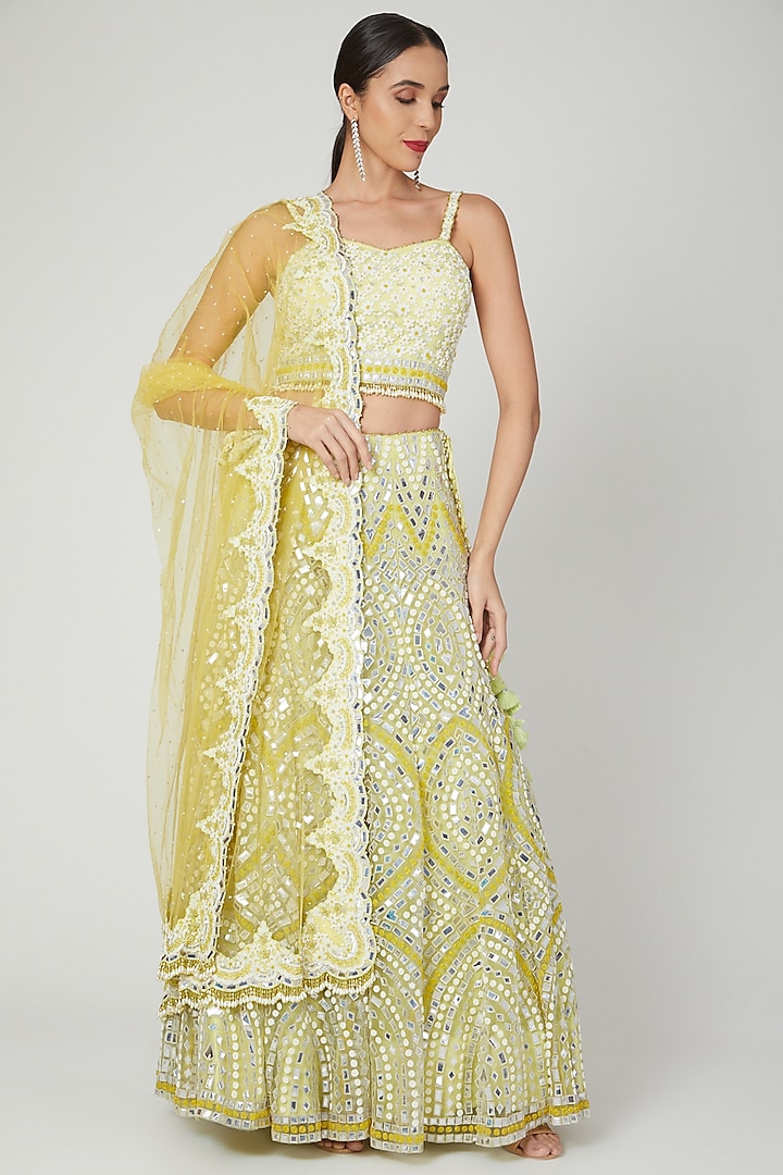 Lime Yellow Embroidered Lehenga Set by Shilpi Ahuja